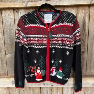 Vintage Karen Scott PETITE Mediun full zip Cardigan SWEATER santa snowman
